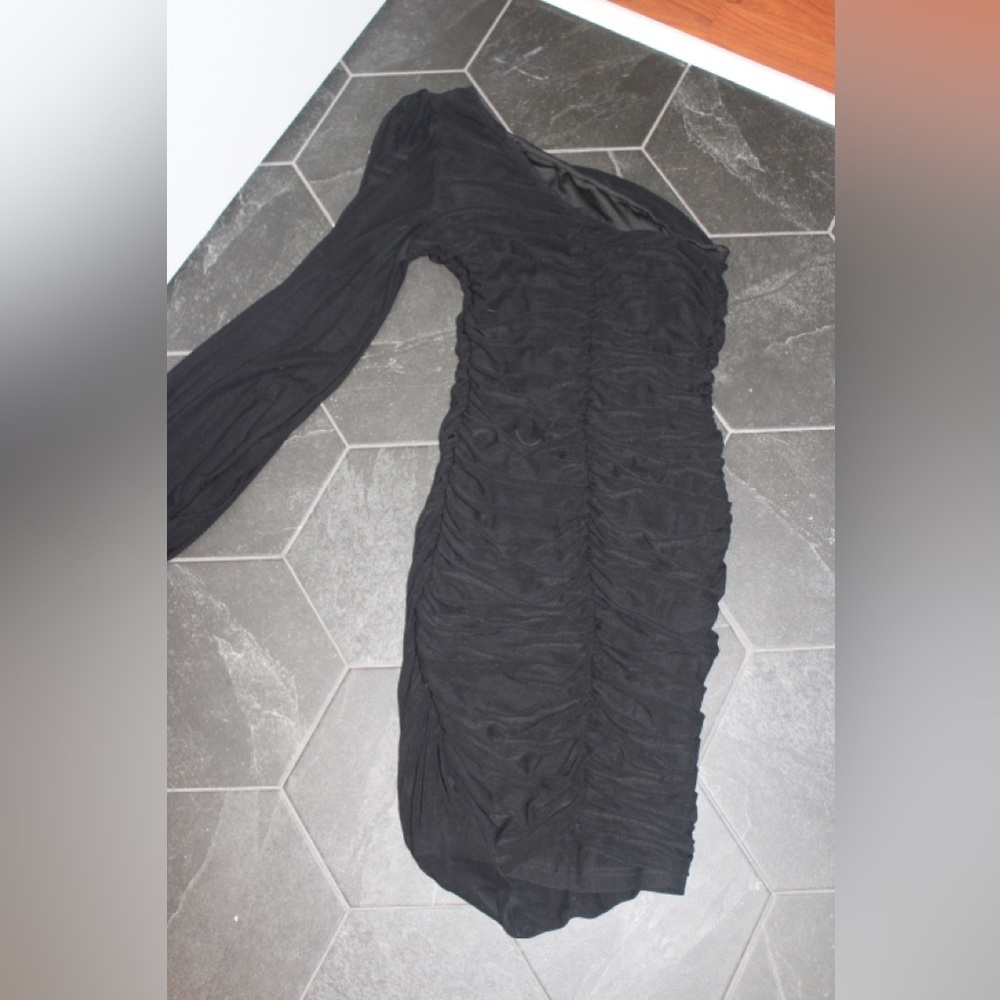 ANRABESS Black One Shoulder Ruched Bodycon Mini Dress Puff Sleeve Small - Picture 4 of 6